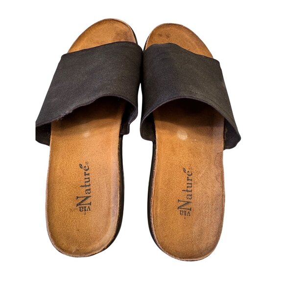 Via Nature Stretch Black Slip on Sandal SIze 7 EU Cork Suede Instep Wedge - Picture 6 of 9